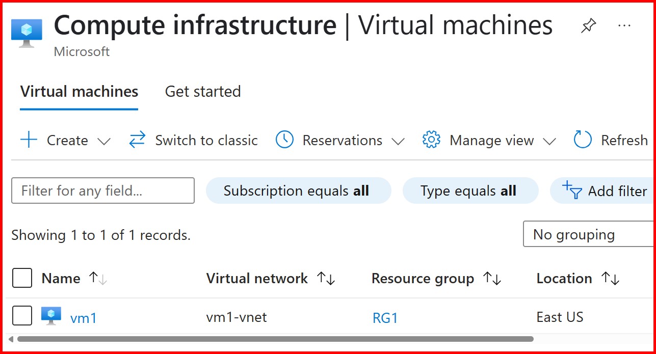 Picture showing the virtual machine created in the Azure portal